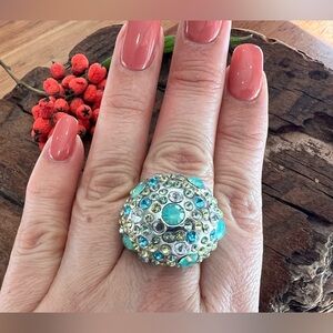 Costume Ring Turquoise White Clear Crystals Silver Tone Yellow Green Austrian
